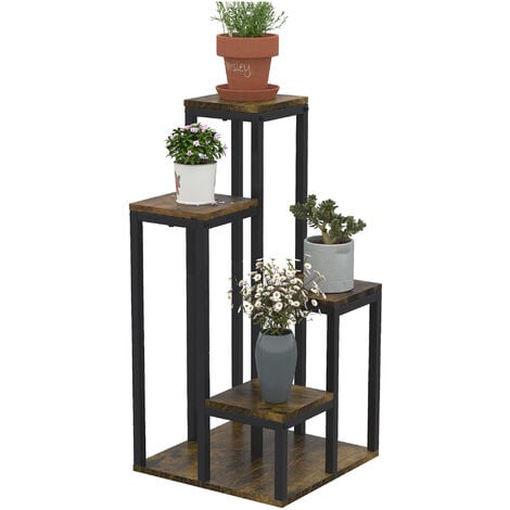 Support à fleurs style industriel 5 niveaux - porte plante 4 étagères - acier époxy noir aspect bois foncé - Marron