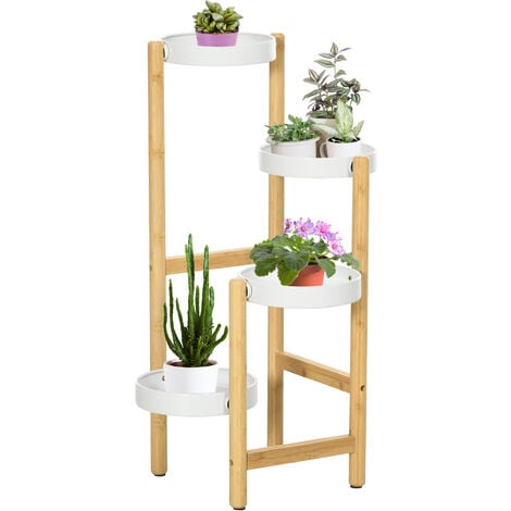 Support à fleurs style scandinave 4 niveaux - porte plante 4 étagères - bois bambou verni métal blanc