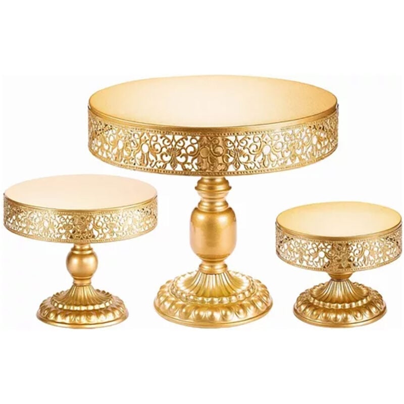 Support à gâteau en fer et métal doré 3 pièces, ensemble d'assiettes à gâteau en trois pièces, assiette à fruits, plateau à pâtisserie, décoration de
