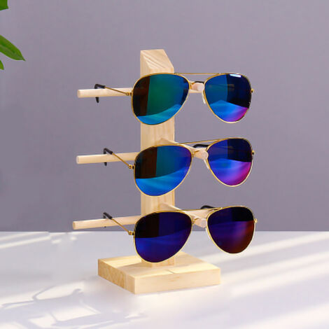 Support à lunettes en bois élégant et stable, facile à installer, rangement pour 3 paires de lunettes de soleil ou optiques, idéal pour boutique ou maison.