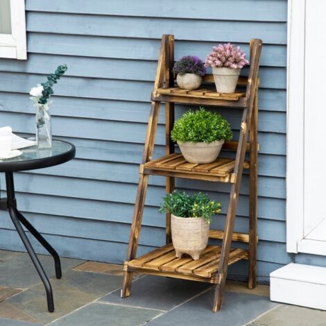 Support à Plantes 3 Niveaux 93 cm – Étagère à Fleurs Pliable en Bois pour Intérieur Extérieur – Avec Plateaux, Escalier à Fleurs pour Salon, Balcon, Jardin – Marron Foncé