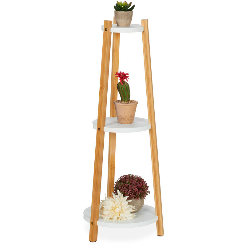 Relaxdays Support à plantes, 3 niveaux, rond, intérieur, bambou, MDF, H x D : 73,5x28 cm, étagères fleurs, blanc-nature