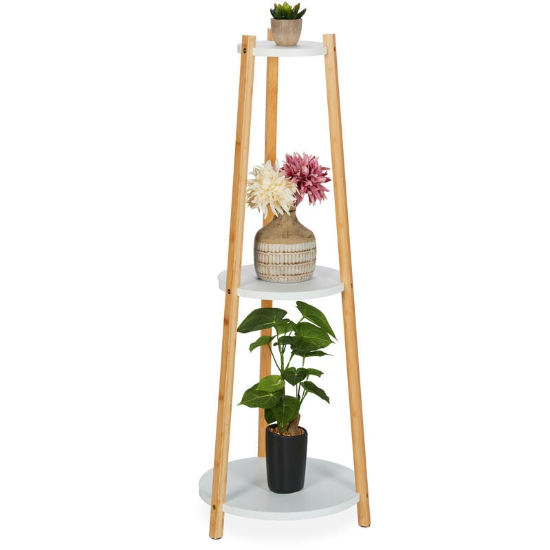Support à plantes, 3 niveaux, rond, intérieur, bambou, mdf, h x d : 98 x 35 cm, étagères fleurs, blanc-nature - Relaxdays