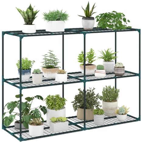 Support à plantes à 3 niveaux, 100 cm de hauteur, étagères en acier vert foncé, structure à plusieurs niveaux.