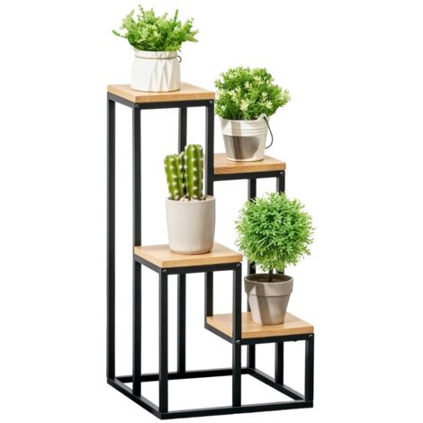 Support à plantes de style industriel avec 4 étagères, échelle à fleurs, 34 cm x 34 cm x 66 cm, naturel et noir