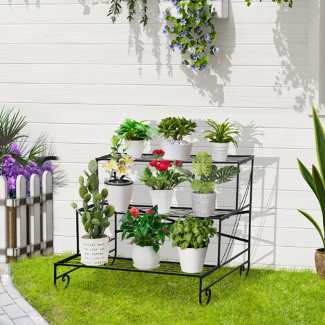 Support à plantes en fer forgé, échelle à plantes d'extérieur à 3 niveaux, noir