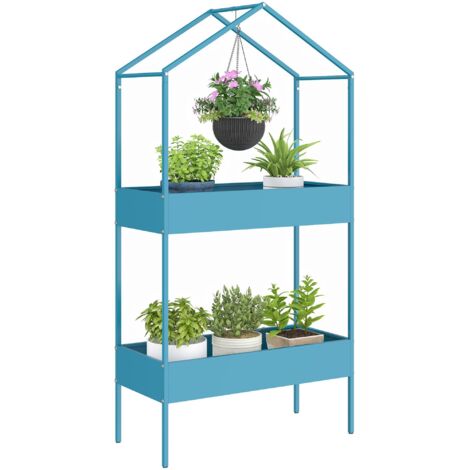 Support à plantes en métal à double niveau avec crochets, support pour pots de fleurs en forme de maison, bleu-vert