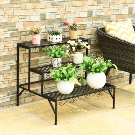 Support à Plantes Métallique 3 Niveaux, Porte-Pots Échelle Résistant à la Rouille, Étagère de Rangement Déco pour Balcon, Jardin et Intérieur