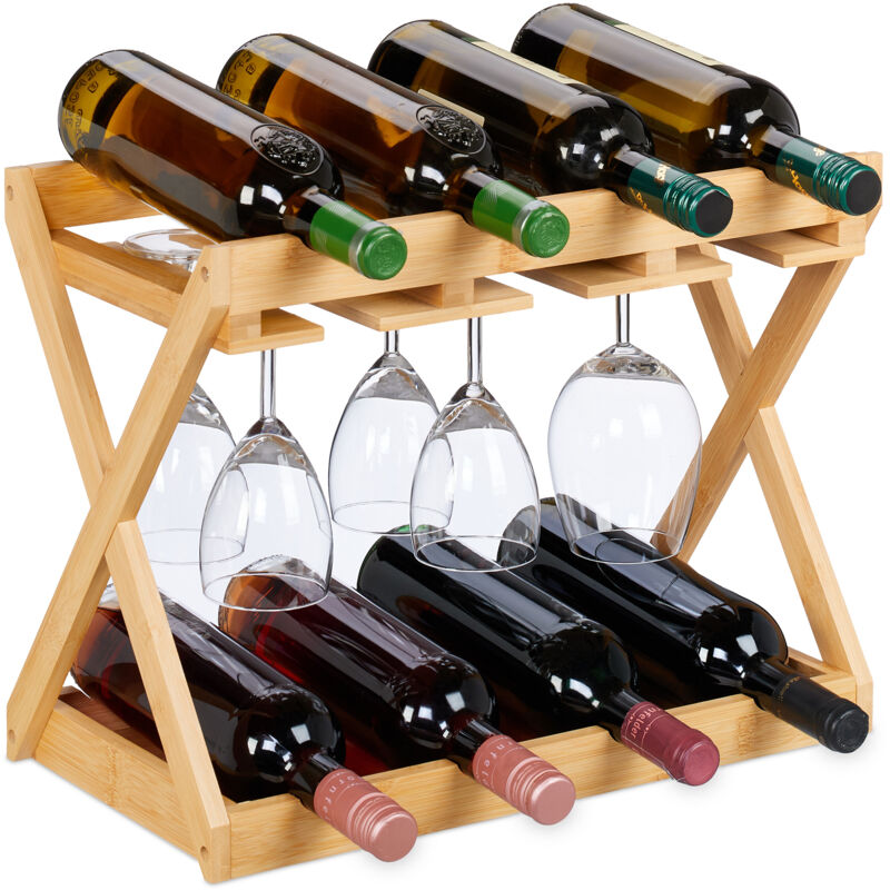 Casier à vin avec porte-verres, pour 8 bouteilles & 6 verres, bambou, h x l x p: 35 x 45 x 23 cm, naturel - Relaxdays