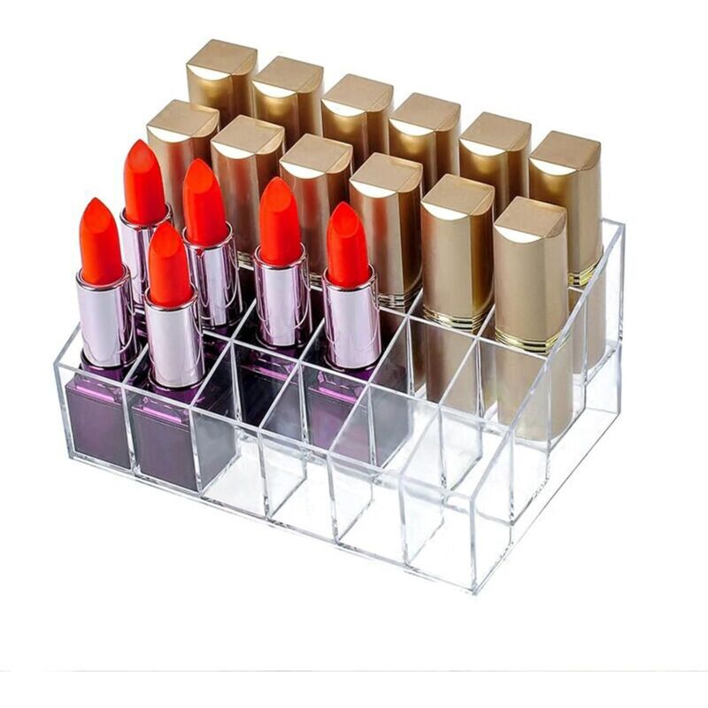 Support acrylique clair à 24 emplacements pour rouges à lèvres, présentoir cosmétique compact et transparent.