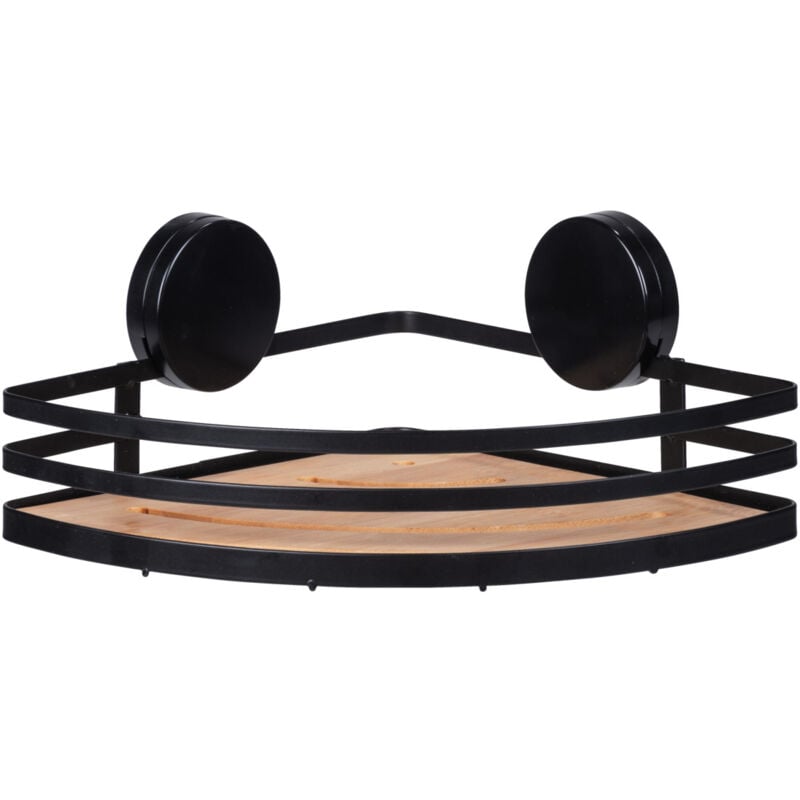 Tagère salle de bain d'angle de douche Static-Loc® Plus Alba Wenko en acier laqué noir et bambou durable, fixation sans perçage, 27,3 x 21 x 10,8 cm,