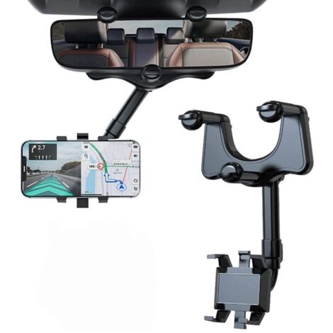 Support auto rotatif à 360° pour téléphone, compatible avec tous les smartphones – Montage sur rétroviseur de voiture, réglable et rétractable