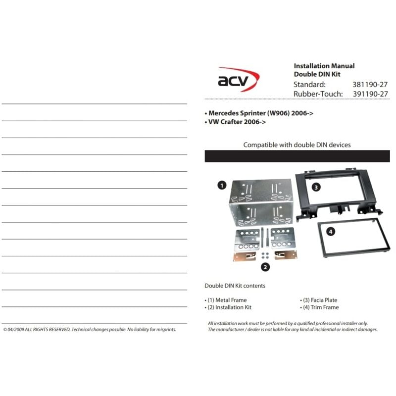 Support autoradio 2Din compatible avec Mercedes Sprinter W906 vw Crafter 06-16 avec vide-poche