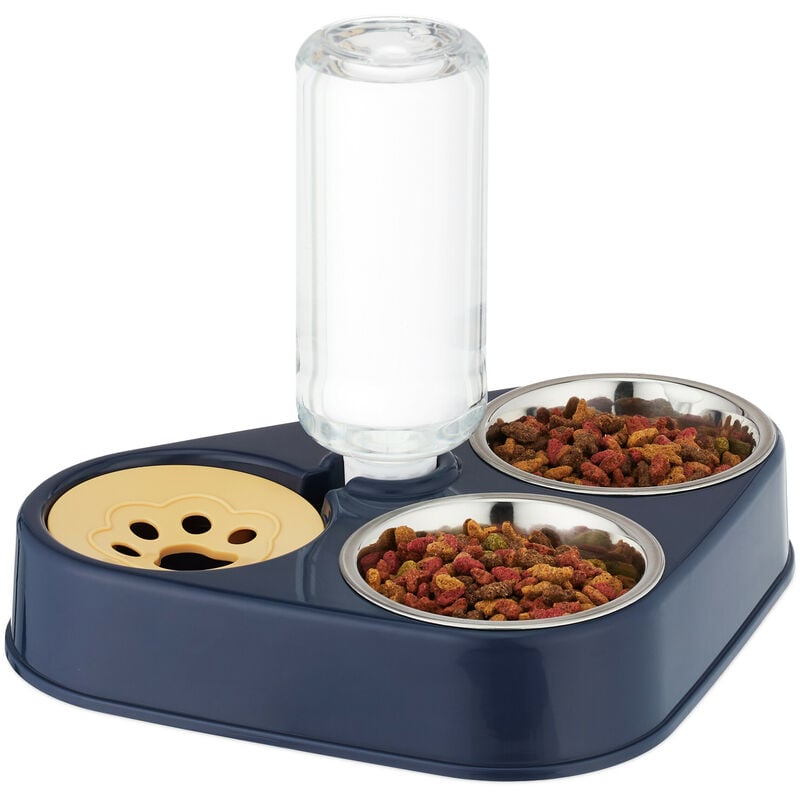 Support avec 2 gamelles et distributeur d'eau, pour chats et petits chiens, bouteille 120 ml, bleu/argenté - Relaxdays