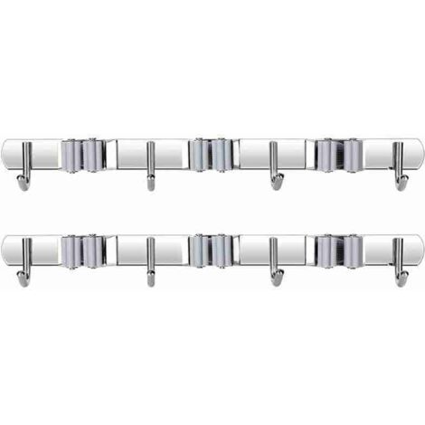 Support balai acier inoxydable 3 clips 4 crochets gris lot de 2