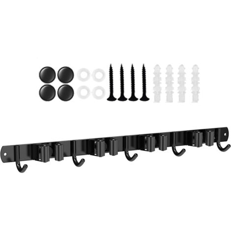 Support Balai Mural - 5 Emplacements + 4 Crochets - Acier Inoxydable 304 - Fixation Adhésive ou Visée - Pour Balais, Balais À Franges, Outils De Jardin - 1 Pièce