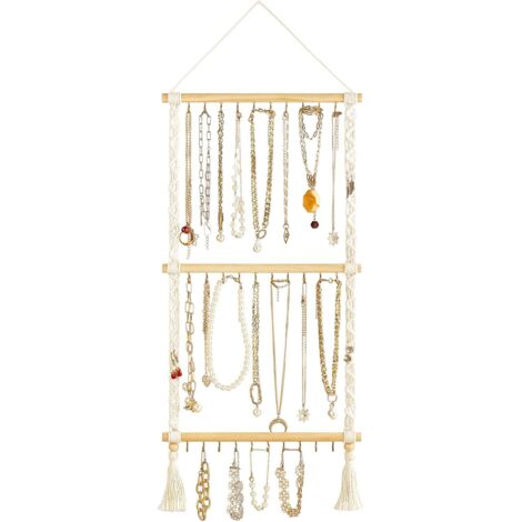 Support Bijoux Mural - 30 Crochets en Bois - Cordon en Coton Macramé - Pour Colliers Bracelets Boucles d'Oreilles - 86 x 33 cm - 1 Pièce