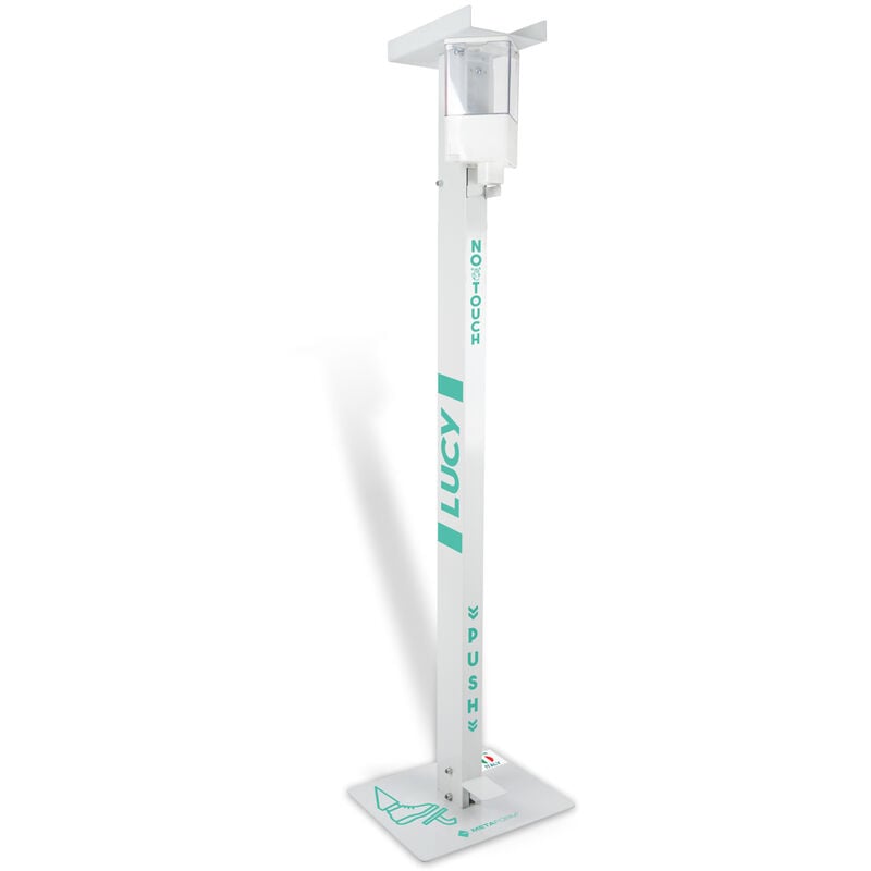 Support blanc pour gel hydroalcoolique avec porte gants et distributeur de gel en acier verni mod. lucy