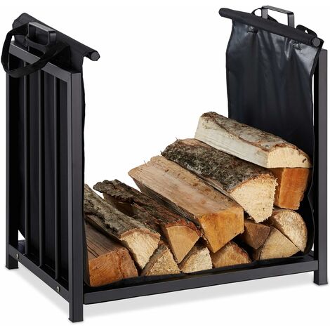 Support bois de cheminée Sac pour bûches, intérieur, design moderne, Etagère, acier, 50x51x37cm, noir, Taille Unique