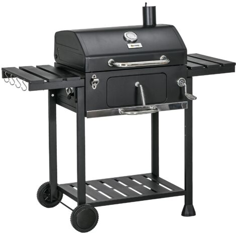 Support de barbecue de camping pour barbecue au charbon de bois avec deux grilles, support latéral pliable, chariot de barbecue avec étagère et poignée, en acier inoxydable noir.