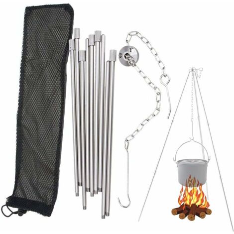 Support de barbecue suspendu à trépied en acier inoxydable, barbecue de feu de camp traditionnel, camping de trépied de cuisine, adapté au camping au barbecue et à l'eau bouillante