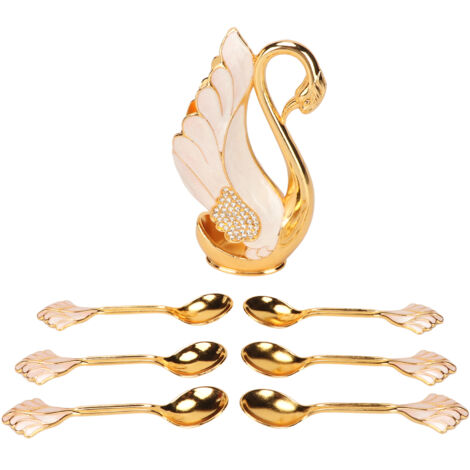 Support de Base Cygne avec Lisseur Doré Innovant - Ensemble de Coutellerie pour Cafés, Bars et Fêtes, Cuillères et Fourchettes Dorées et Blanches