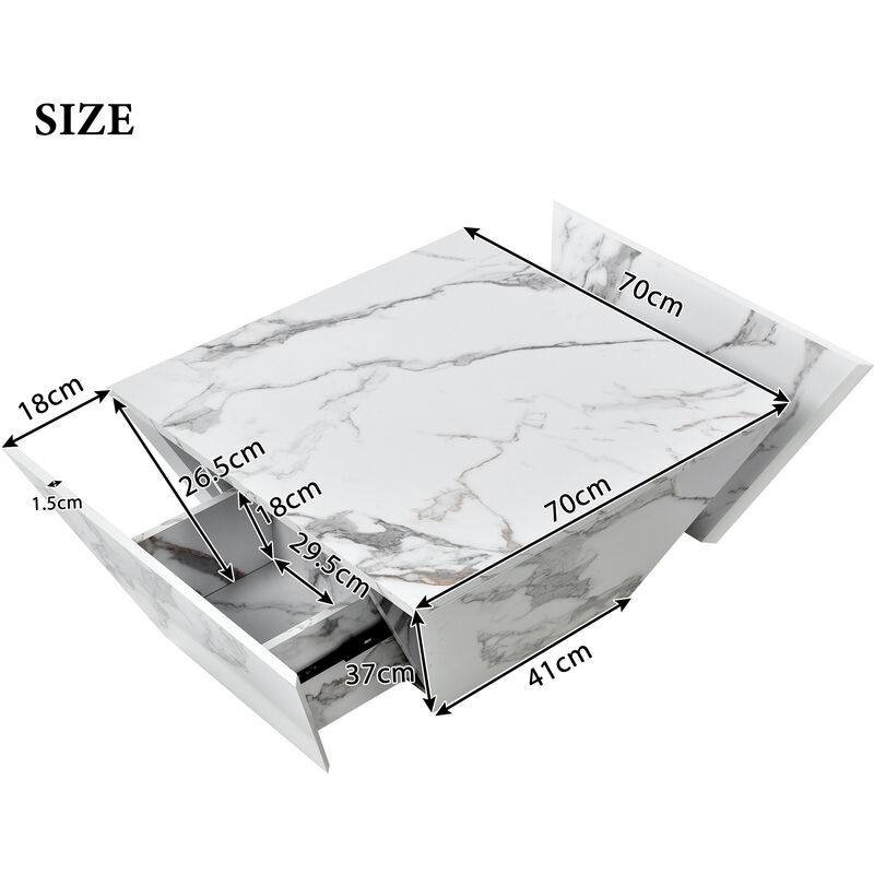 Table basse moderne tambour, table basse trapézoïdale en marbre blanc plaqué, table de salon 70x70x37cm