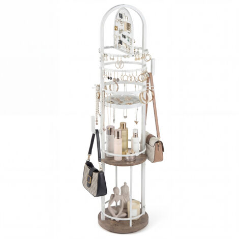 Support de Bijoux sur Pied Rotatif à 360° , Présentoir à Bijoux avec Porte-Boucles d'Oreilles, Colliers et 3 Étagères, Arbre de Rangement, Gris
