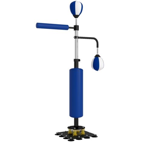 Support de boxe avec deux speedballs, barre rotative, coussins frappe, hauteur réglable 107x36x140-205 cm, acier bleu, parfait pour boxe et cardio