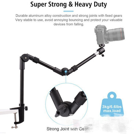 Support de bureau pour appareil photo sur trépied Bras articulé flexible à 360° avec vis 3/8'' et vis 3/8'' à 1/4'' pour projecteur d'appareil photo reflex numérique (M)
