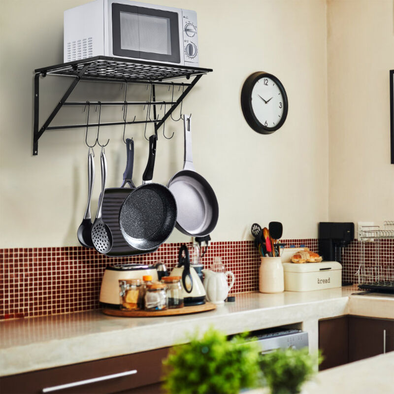 Support de casseroles industriel, support de cuisine avec 10 crochets, support mural pour ustensiles, support de rangement pour casseroles en acier