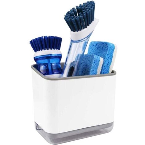 Support de comptoir d'évier en plastique, porte-éponge à vaisselle, boîte de rangement pour brosse et éponge de cuisine avec bac de vidange, blanc