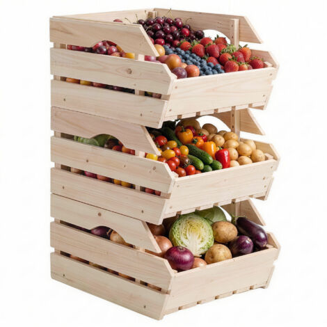 Support de Corbeille à Fruits  de Sapin à 3 Étages Amovibles, pour Fruits et Légumes, 27x37,5x60cm, Naturel