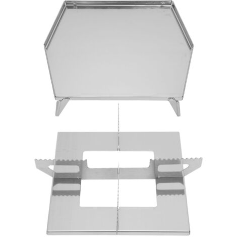 Support de cuisson en acier inox pour poêle à bois portable, idéal camping, randonnée et barbecue avec sac de transport.