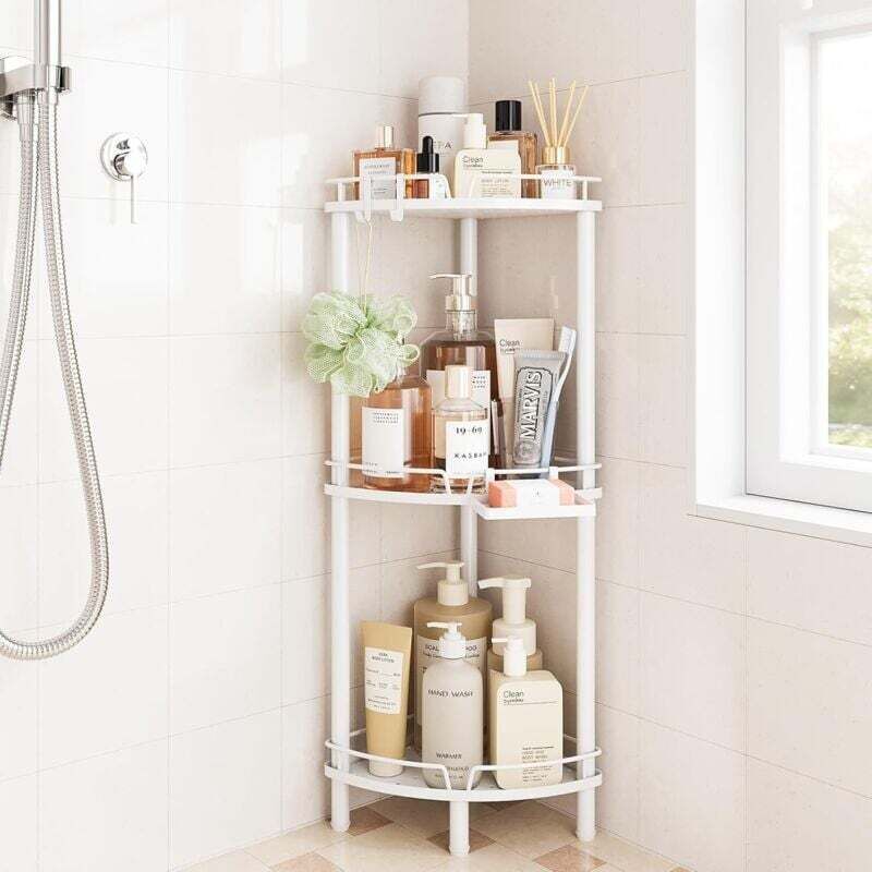 Support de douche d'angle, sur pied, organiseur de douche en acier inoxydable à 3 niveaux avec porte-savon, support de rangement de douche au sol