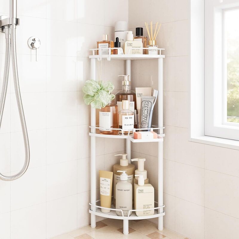 Support de douche d'angle, sur pied, organiseur de douche en acier inoxydable à 3 niveaux avec porte-savon, support de rangement de douche au sol