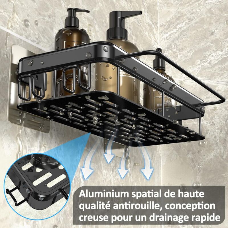 Support de douche - Sans perçage avec 1 porte-serviettes, 4 crochets - 13305cm - Noir Lot de 2