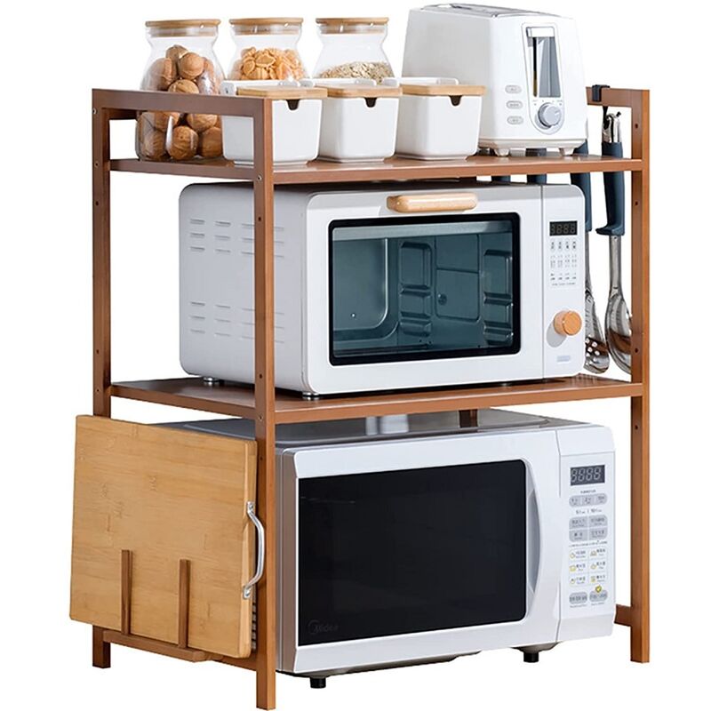 Support de Four à Micro-Ondes Meuble Rangement Cuisine Bambou Étagère Multifonction avec 4 Crochets 523765cm - Skecten