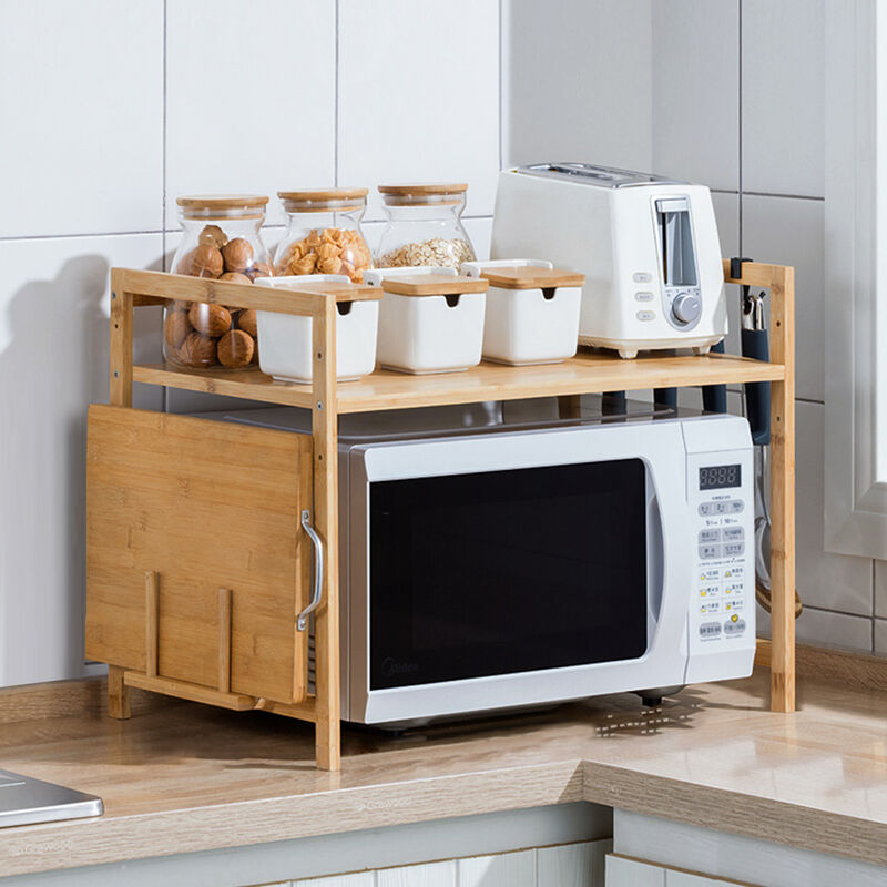 Support de Four à Micro-Ondes 2 Couches Meuble Rangement Cuisine Bamboo Étagère Multifonction avec 4 Crochets 523035cm