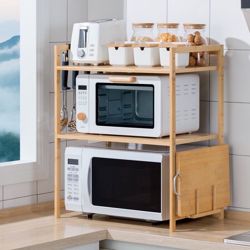 Support de Four à Micro-Ondes 3 Couches Meuble Rangement Cuisine Bamboo Étagère Multifonction avec 4 Crochets 523765cm