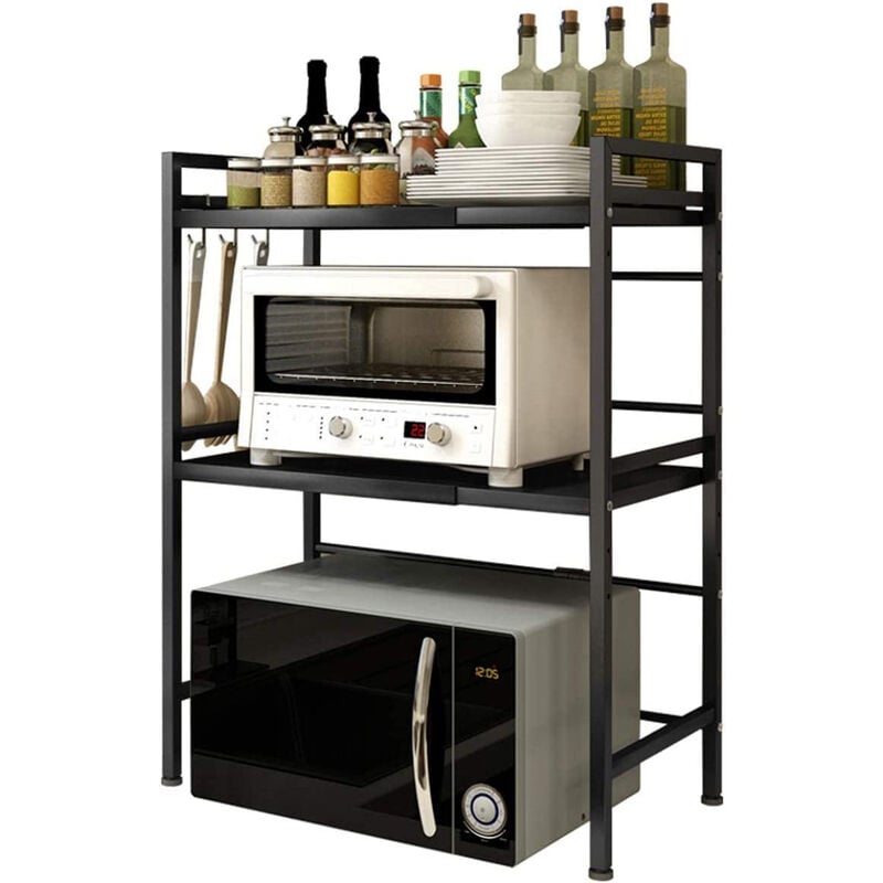 Support de four à micro-ondes extensible, Etagère de cuisine support de four à micro-ondes à 3 niveaux, avec 6 crochets,debout pour le comptoir,