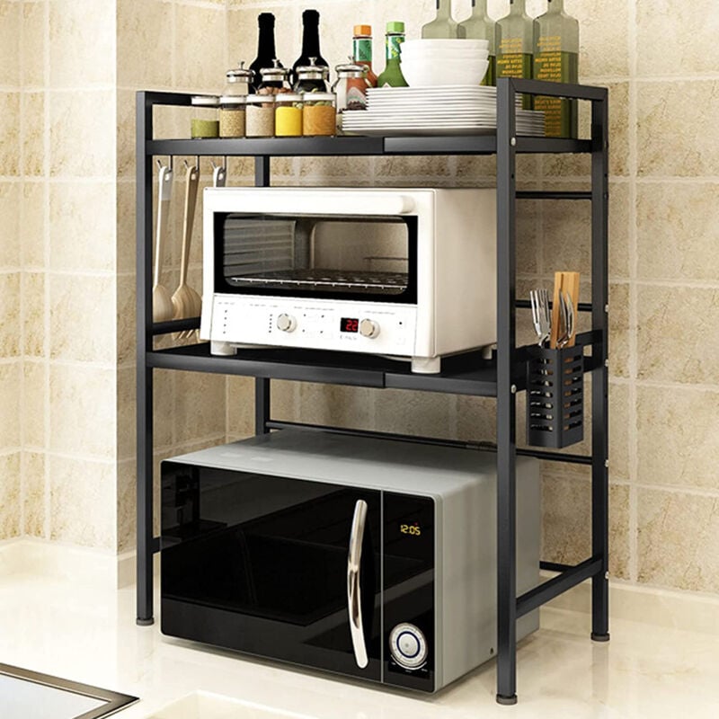 Support de Four à Micro-Ondes Extensible Organisateur Cuisine Double Étagère Rangement avec 3 Crochets 40-64x36.5x78cm Noir