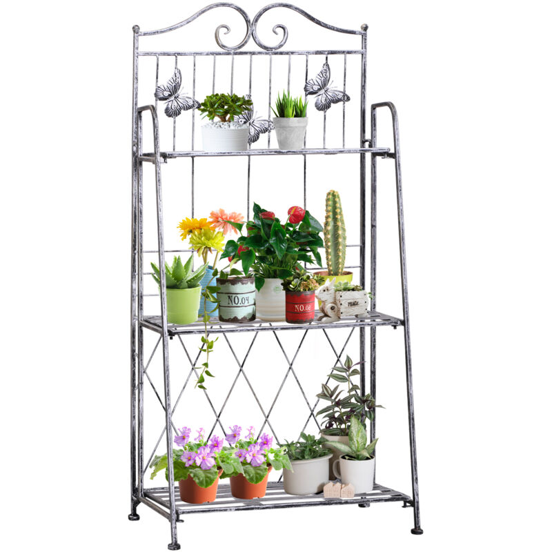 Support de Jardin 3 Étagères Escalier en Métal Gris, Rangement Plantes et Fleurs pour Balcon, Terrasse ou Extérieur