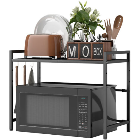 Support de micro-ondes extensible en métal noir, 40 cm de hauteur, avec 3 crochets