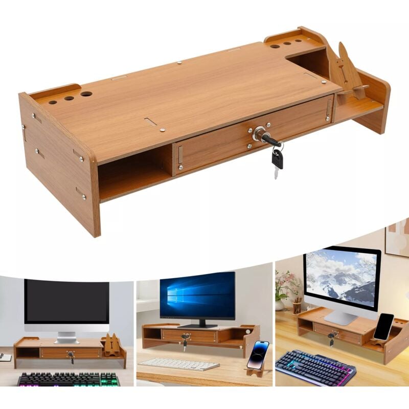 Support De Moniteur Avec Tiroir Organisateur De Bureau En Bois Rehausseur De Moniteur D'Ordinateur Portable