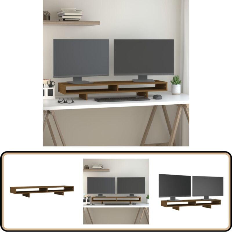 Support de moniteur Marron miel 100x27x14 cm Bois de pin solide - Support Ordinateur - Support Ecran - Support Monitor - Meuble Informatique