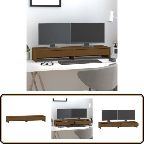 Support Double écran En Pin Massif VidaXL - Marron Miel 50x24x13 Cm - Rehausseur Moniteur Avec étagère Rangement