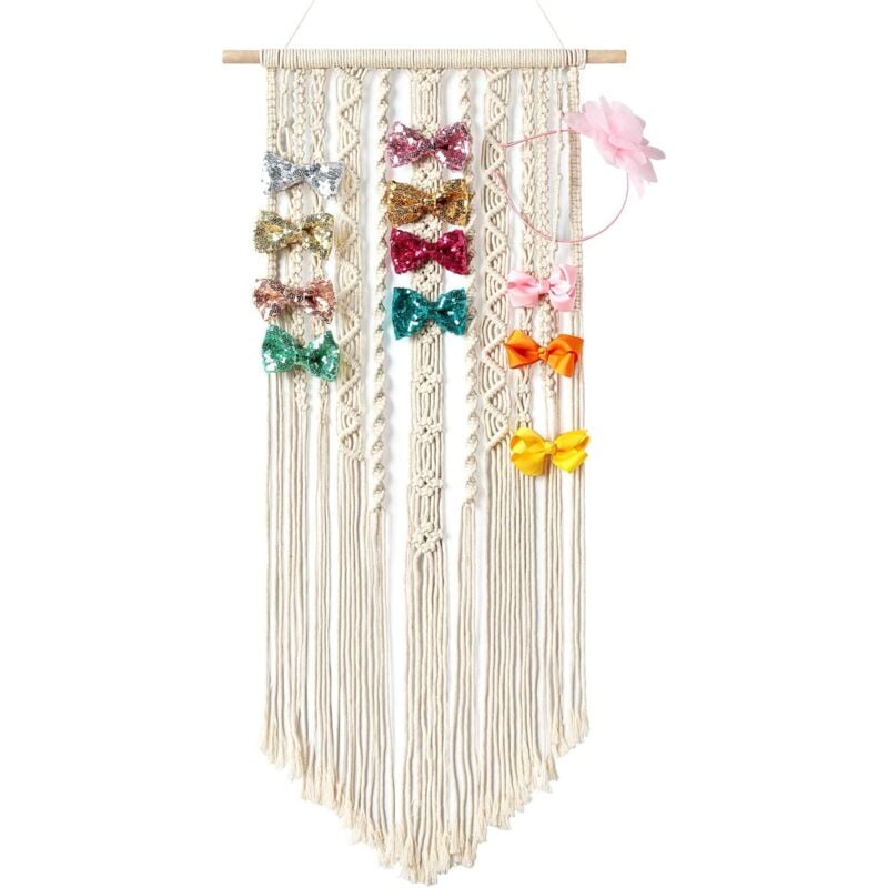 Support de nœuds à cheveux en macramé, pinces à cheveux suspendues, cintre, rangement pour bandeau, décoration murale bohème