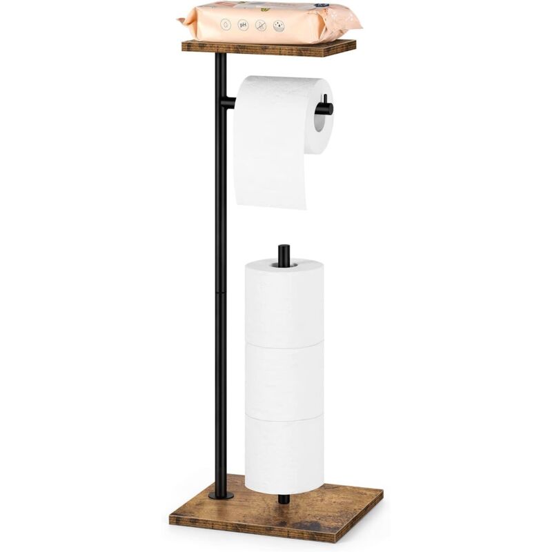 Support de papier toilette sur pied avec étagère pour rangement de papier toilette de salle de bain, marron rustique