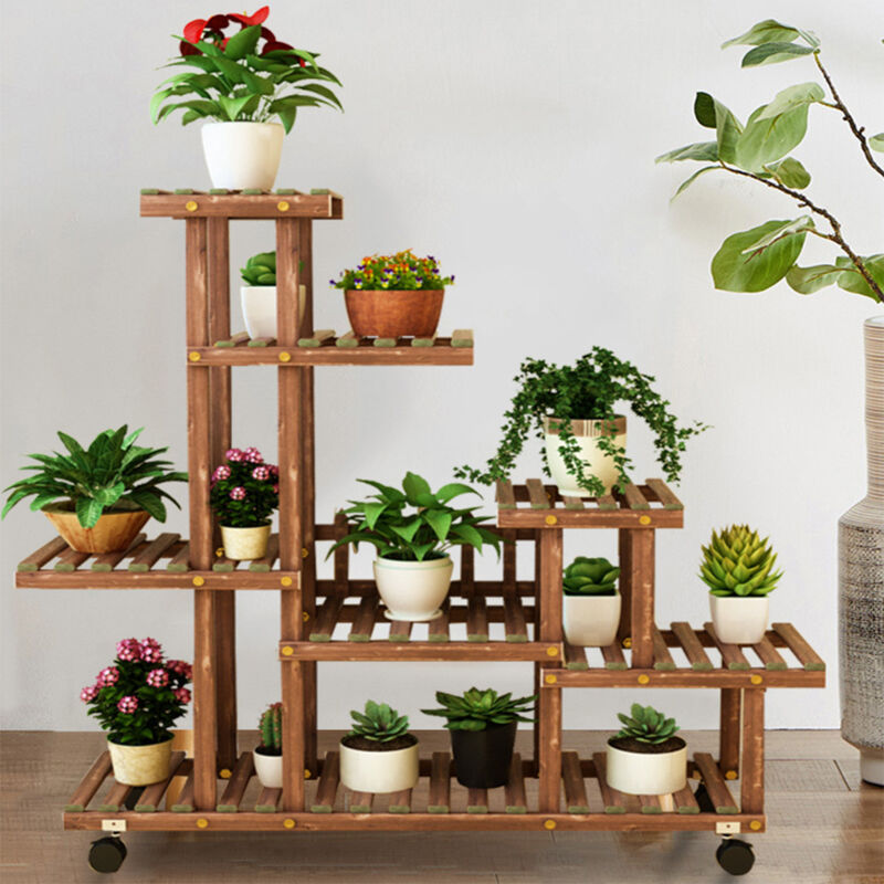 Hoerfuriy - Support de Plante en Bois 7 Niveaux/Étagère pour Fleurs avec Roues Pivotantes à 360° et Verrouillables pour Balcon, Jardin,